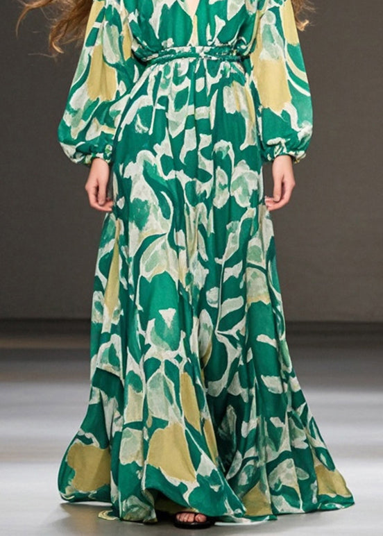 Green V Neck Print Chiffon Holiday Dresses Fall