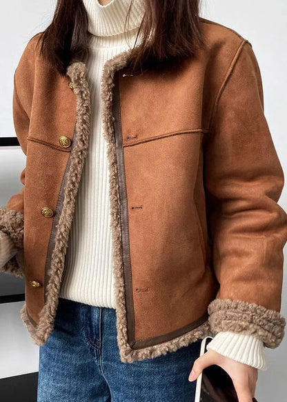 Coffee O Neck Pockets Fleece Wool Lined Faux Suede Coat Winter