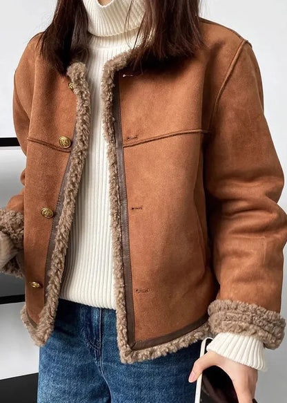 Coffee O Neck Pockets Fleece Wool Lined Faux Suede Coat Winter