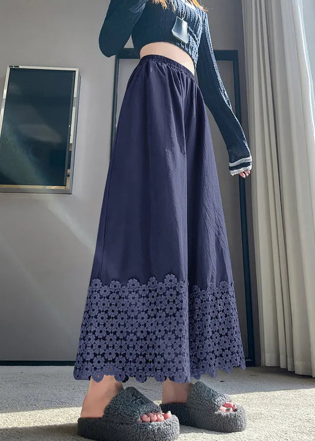 Navy Embroidered Cotton Crop Pants Fall