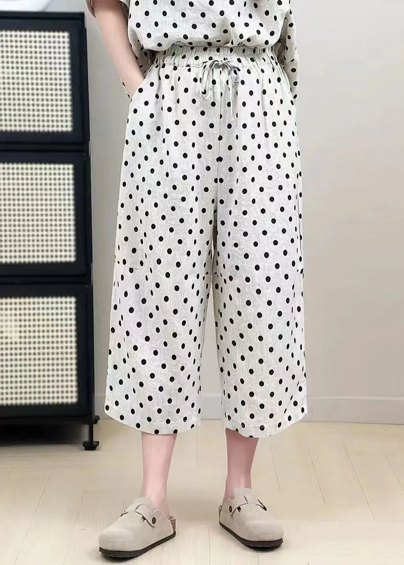 Classy White Oversized Dot Print Linen Wide Leg Pants Summer