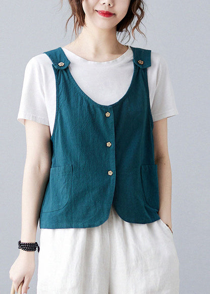 Handmade Sky Blue Button Pockets Color Linen Vests Sleeveless