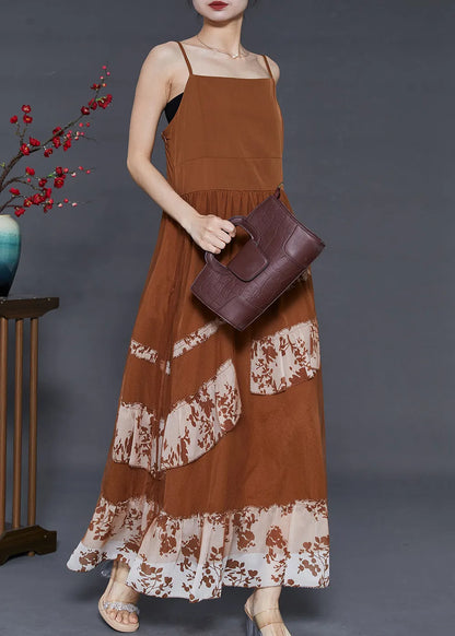 Coffee Patchwork Chiffon Spaghetti Strap Dress Summer