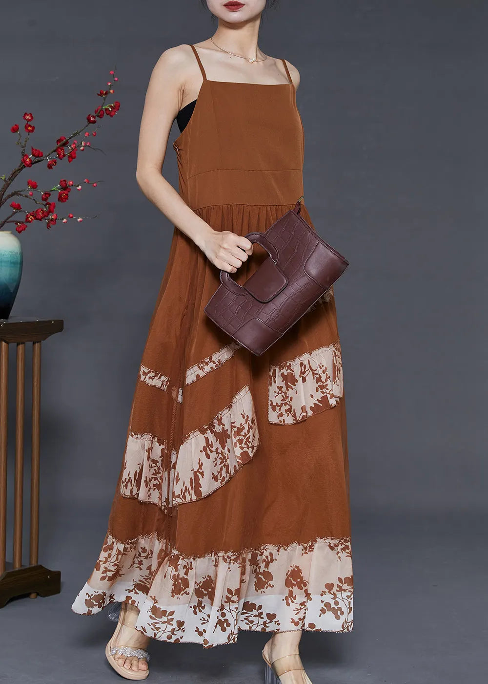 Coffee Patchwork Chiffon Spaghetti Strap Dress Summer