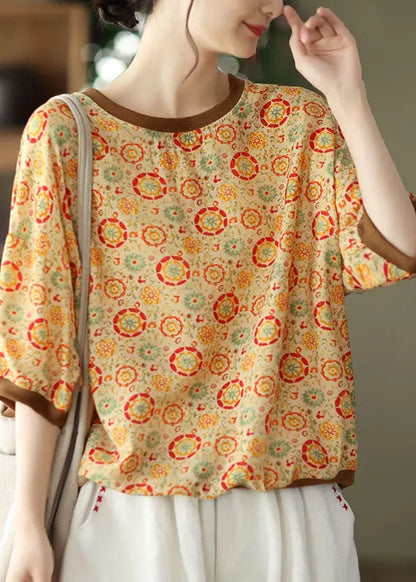 Yellow O Neck Print Patchwork Linen Top Summer