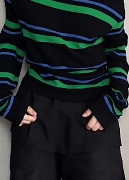 Unique Striped Cold Shoulder Patchwork Knit Short Sweater Fall