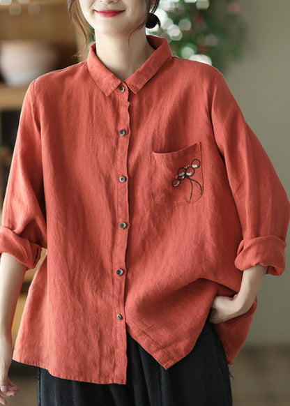 Red Peter Pan Collar Embroidered Button Linen Shirt Long Sleeve