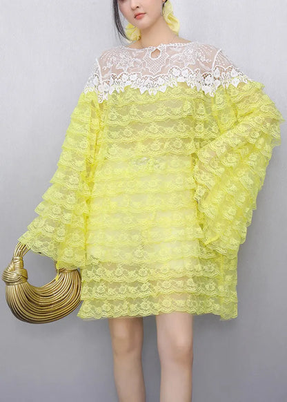 Original Design Yellow O-neck Sheer Knit Lace Tops Fall