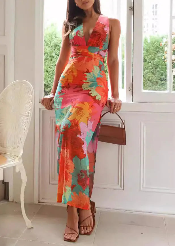 Orange V Neck Print Side Open Cotton Dresses Sleeveless