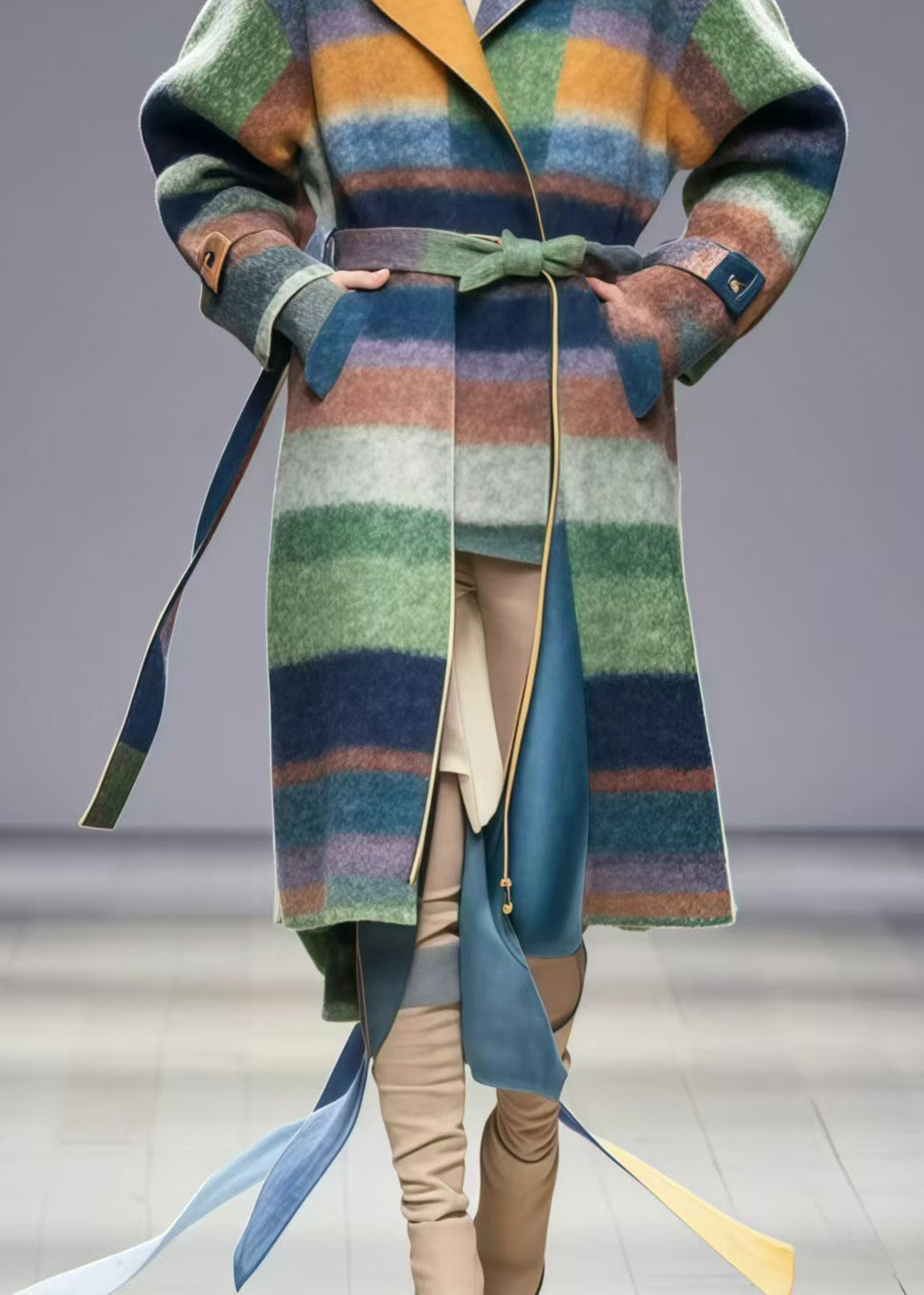 Multicolor Tie Waist Striped Woolen Coat Fall