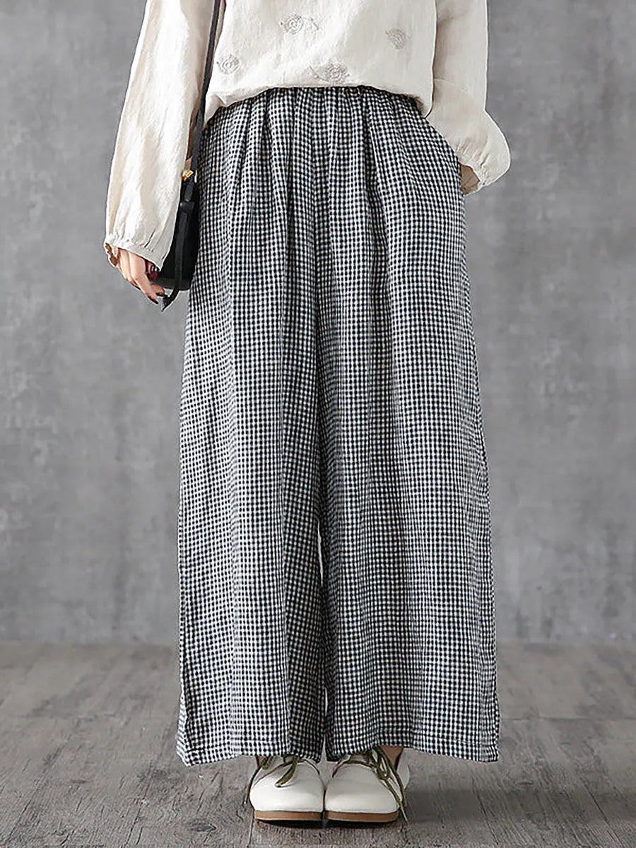 Hand-made Plaid Linen Wide Leg Pants