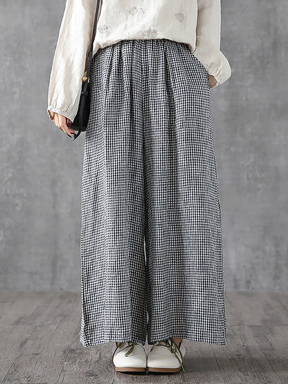 Hand-made Plaid Linen Wide Leg Pants