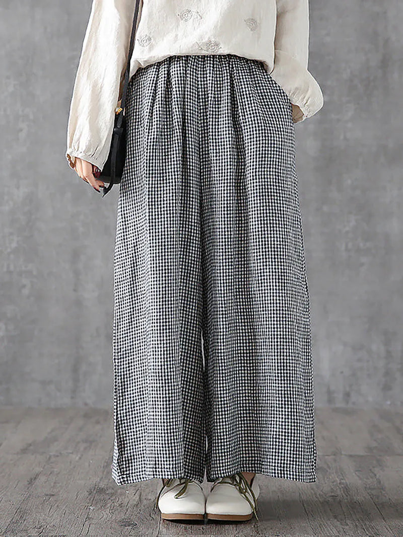 Hand-made Plaid Linen Wide Leg Pants