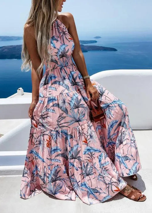 Backless Halter Print Wrinkled Cotton Dresses Sleeveless