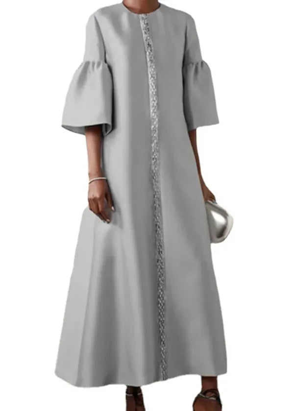 Grey O Neck Patchwork Cotton Long Dress Summer