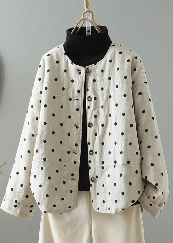 Apricot O Neck Pockets Dot Print Fine Cotton Filled Jackets Spring