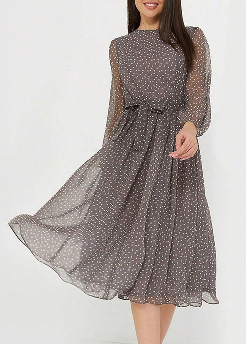 New White O Neck Dot Print Chiffon Dresses Long Sleeve
