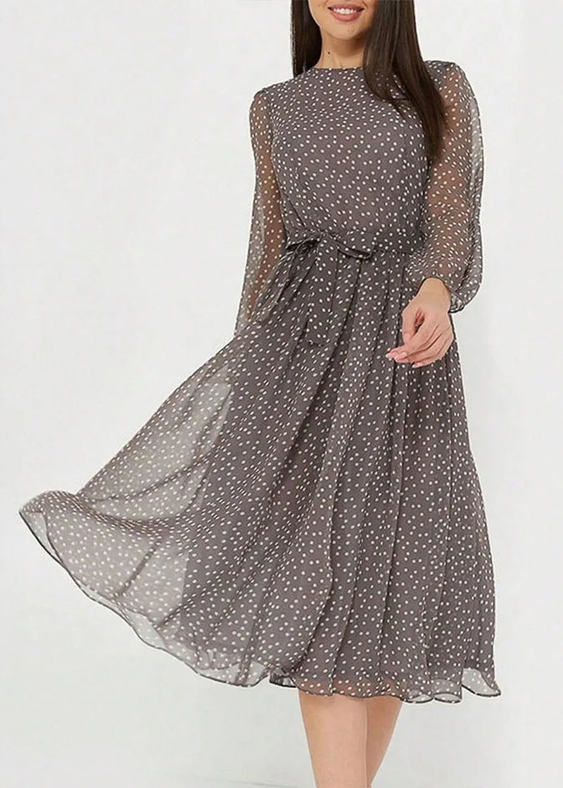 New White O Neck Dot Print Chiffon Dresses Long Sleeve