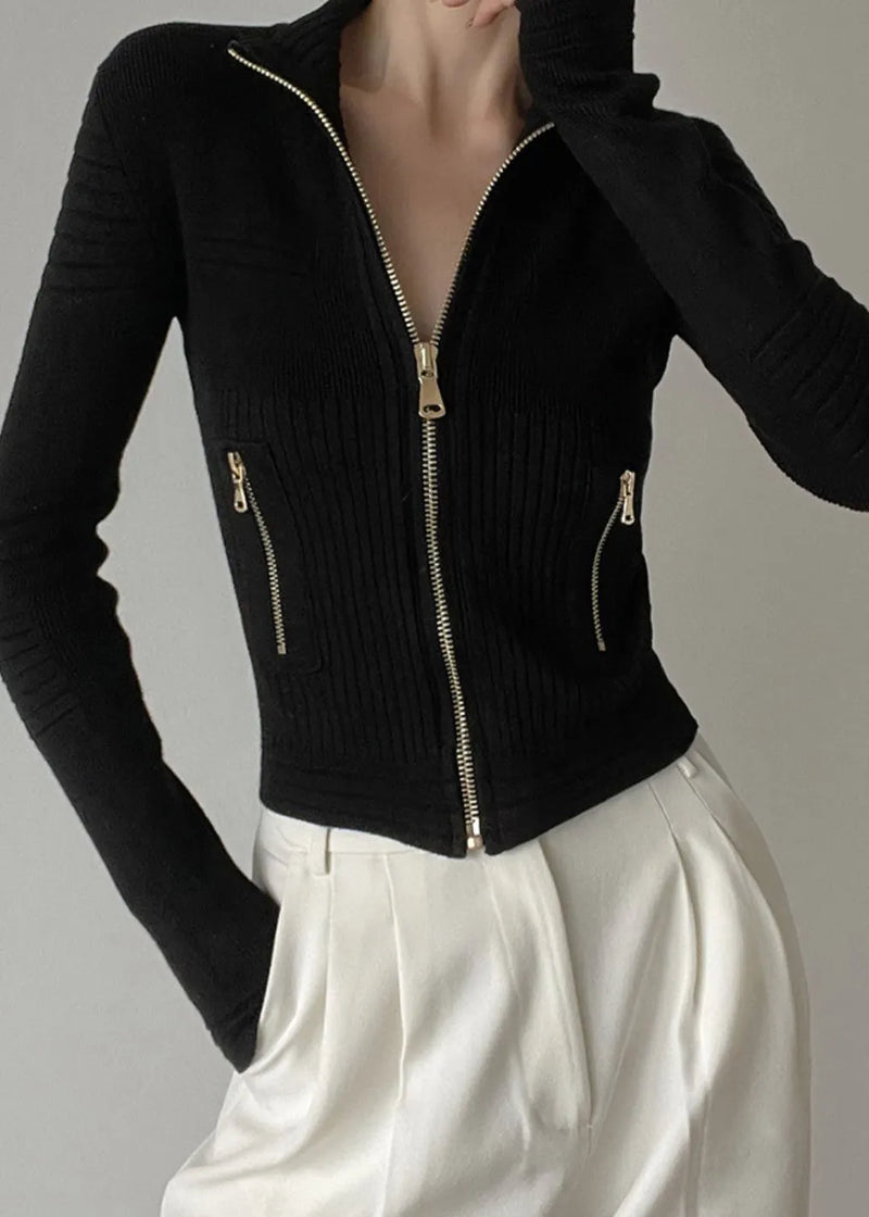 White Stand Collar Zip Up Patchwork Woolen Knit Cardigans Winter