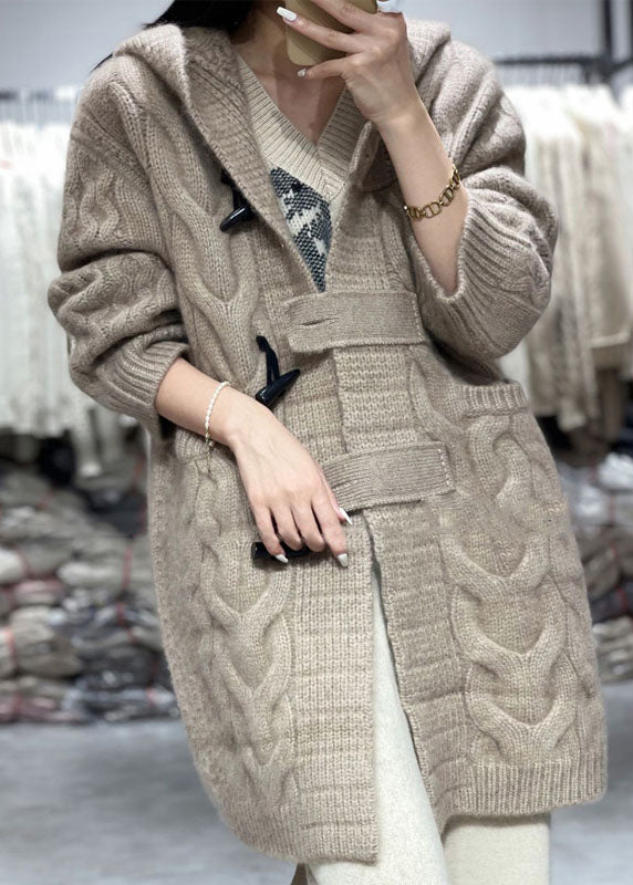 Khaki Hooded Oversized Cashmere Long Cardigans Winter