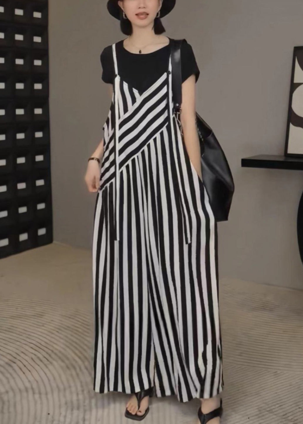 Black White Striped Oversized Wide Leg Pants Jumpsuits Spring