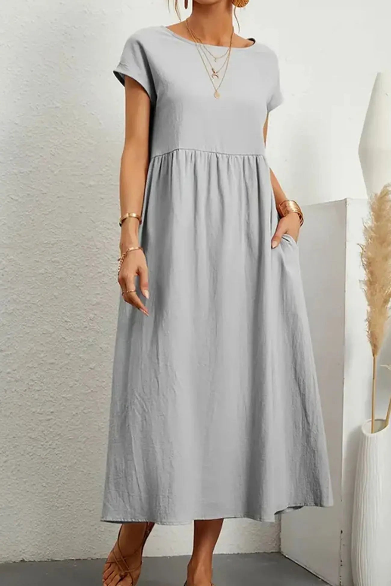 Cotton Linen Short Sleeve Midi Dress