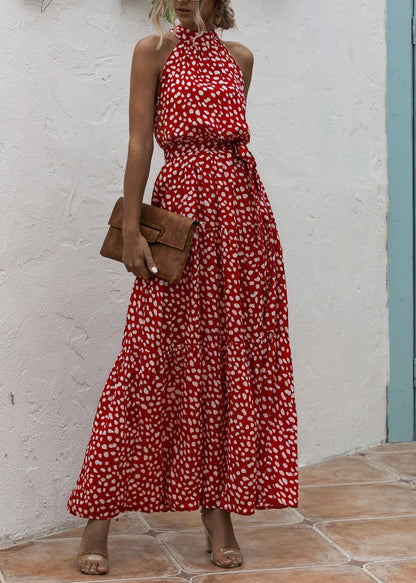 Green Halter Dot Print Patchwork Cotton Dresses Sleeveless