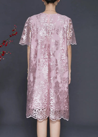 Pink Embroidered Silk Tea Dress Summer