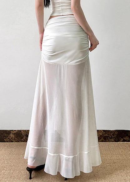 White Wrinkled Side Open Tulle Skirt Summer