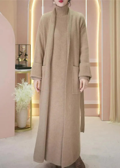 Loose Camel Pockets Woolen Cardigan and Turtleneck Knit Dress Two Piece Set Winter