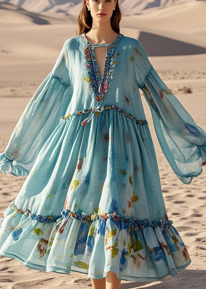 Blue Oversized Print Cotton Beach Dress Fall