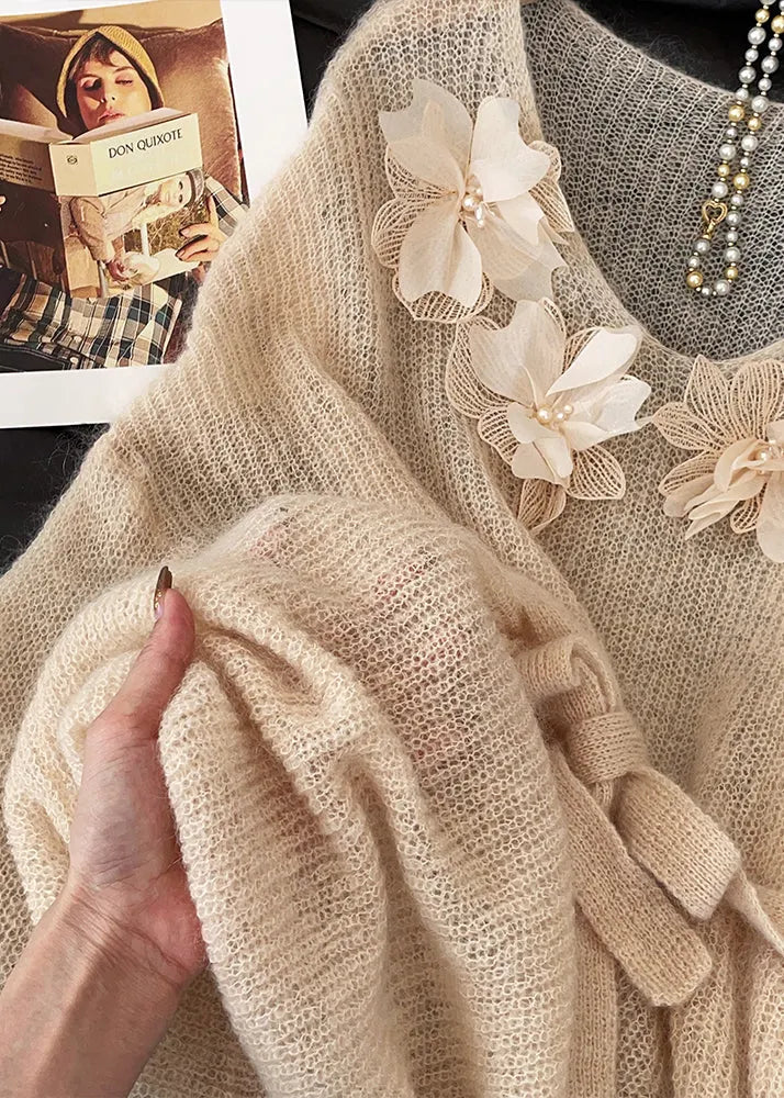 Fitted Khaki Tie Waist Decorated Knit Sweater Tops Fall