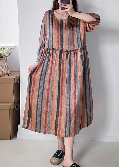 Orange Striped Patchwork Silk Cotto Long Dresses Long Sleeve