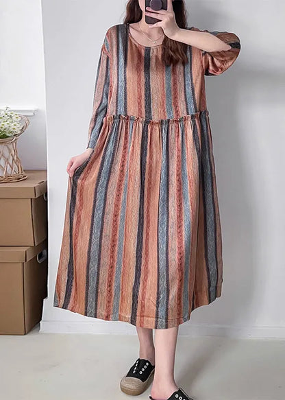 Orange Striped Patchwork Silk Cotto Long Dresses Long Sleeve