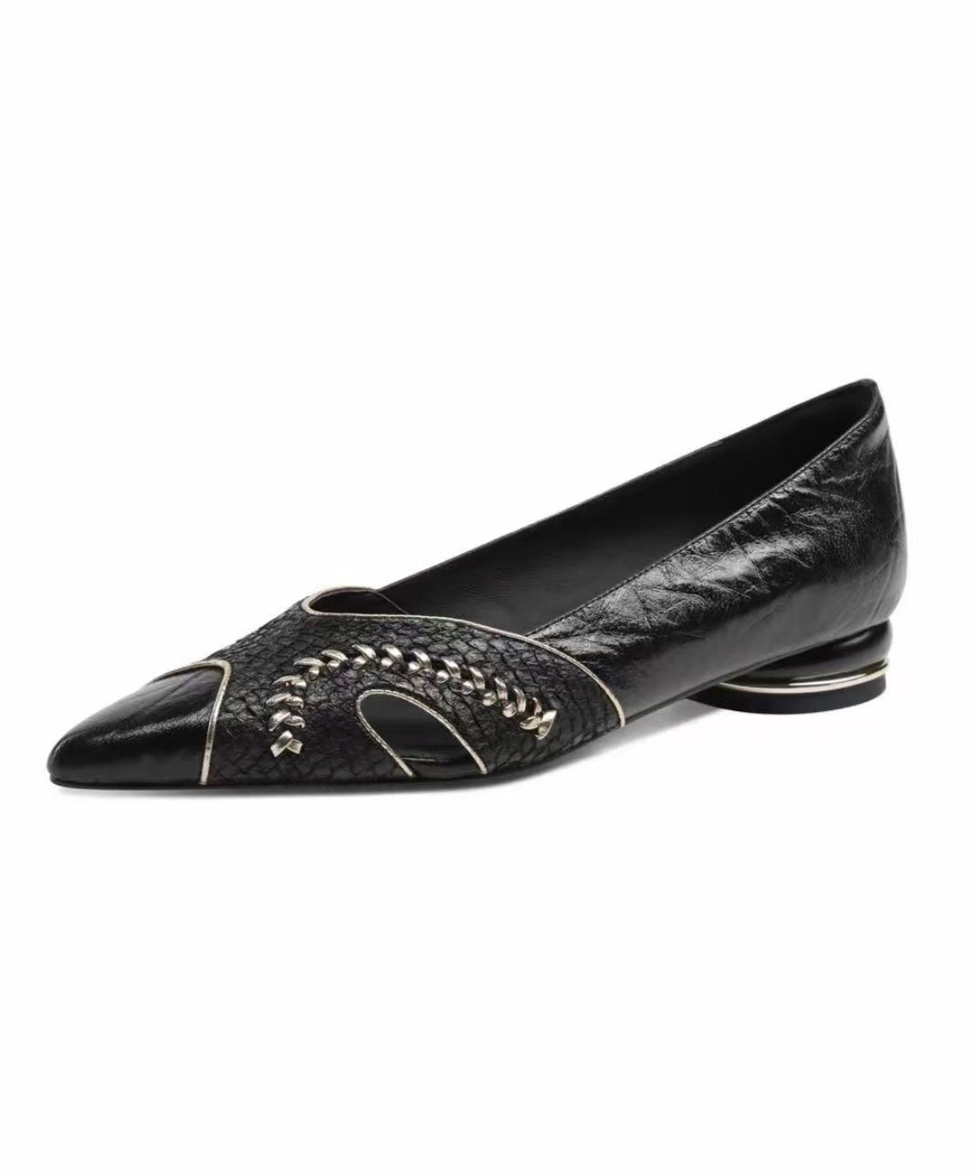 Splicing Flat Feet Shoes Black Faux Leather Pointed Toe