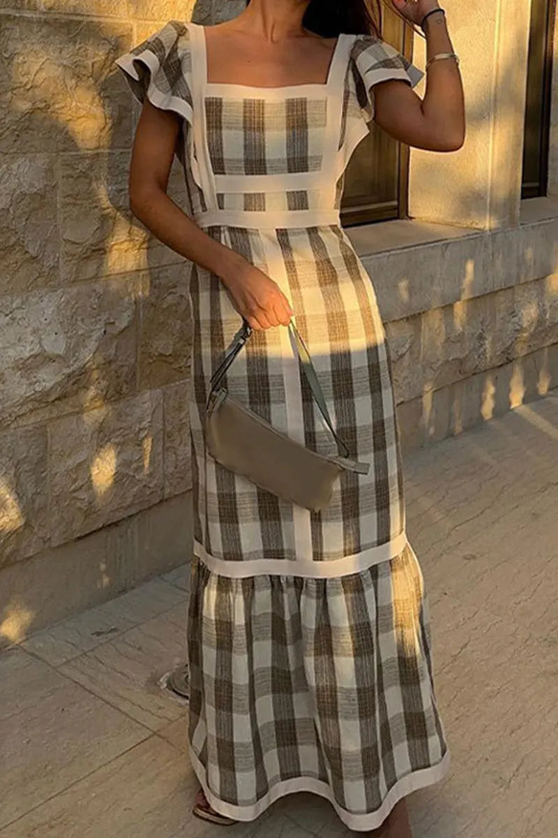 Plaid Patchwork Flounce Square Collar a Line Dresses