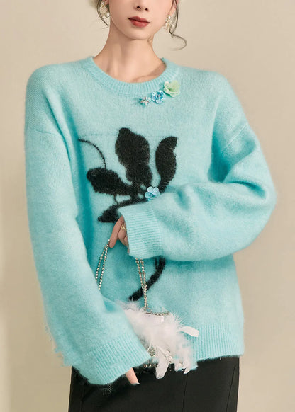 Natural Blue Print Cozy Cotton Knit Sweaters Fall