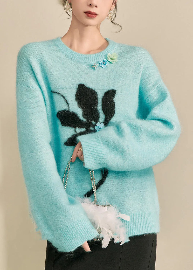 Natural Blue Print Cozy Cotton Knit Sweaters Fall