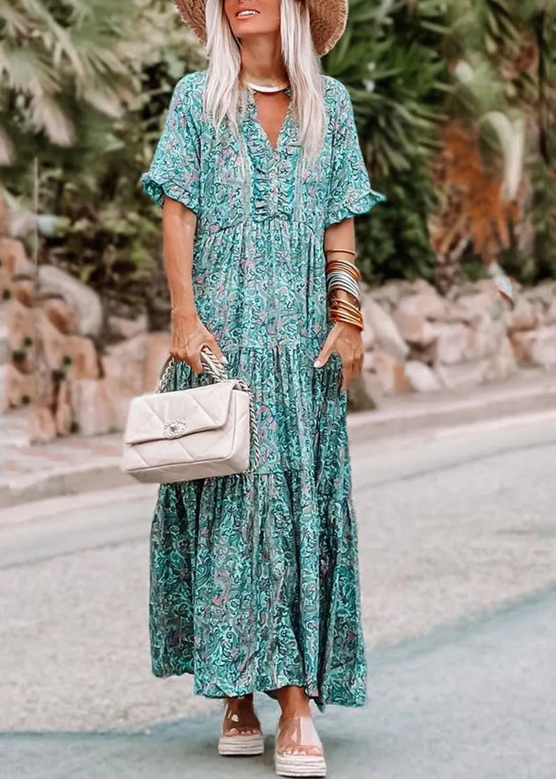 Blue Ruffled Patchwork Maxi Dress Short Sleeve