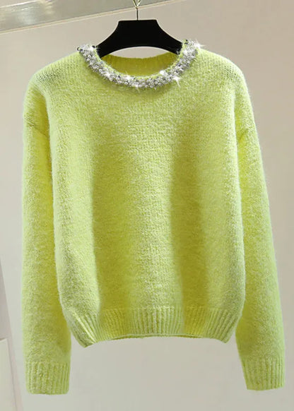 Fine Light Green O-neck Nail Bead Cotton Knit Sweaters Winter