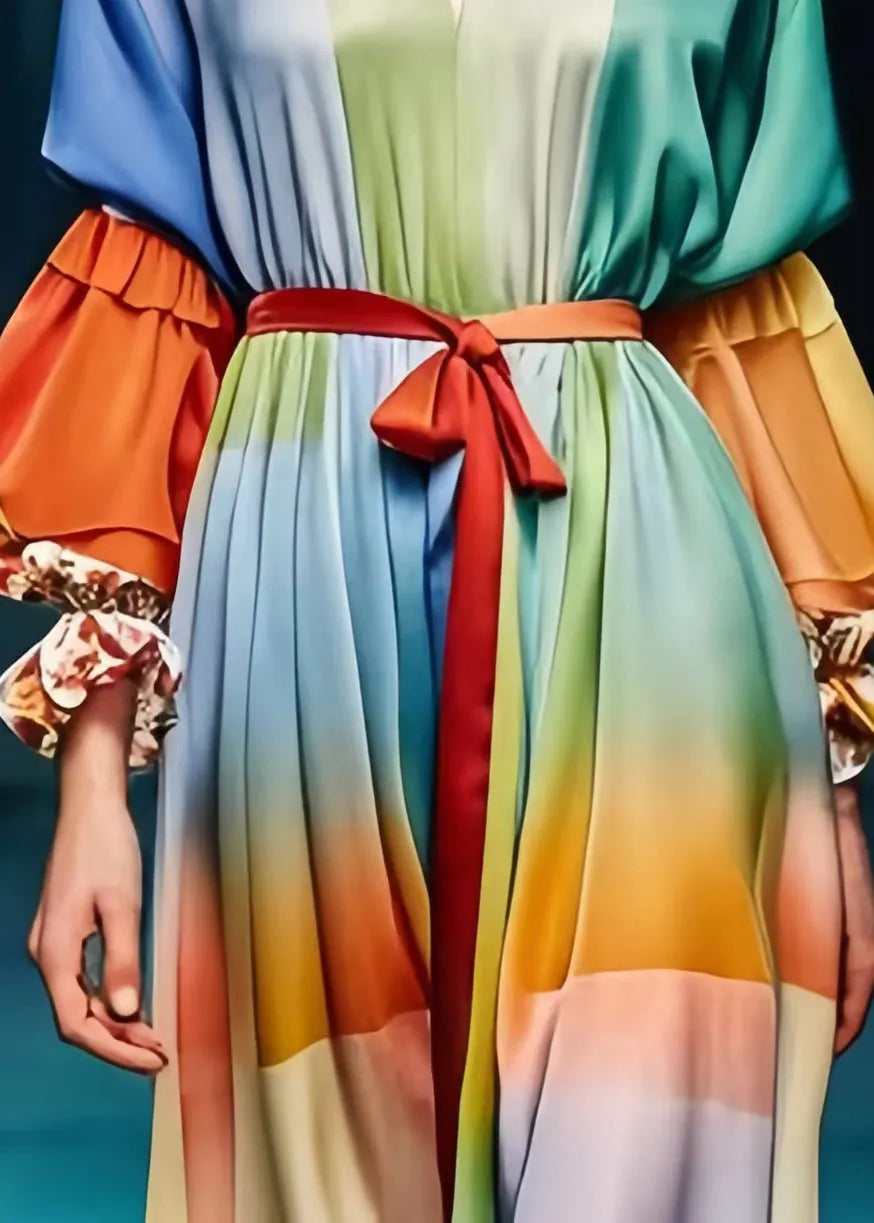Rainbow Cinched Patchwork Silk Dress Lantern Sleeve