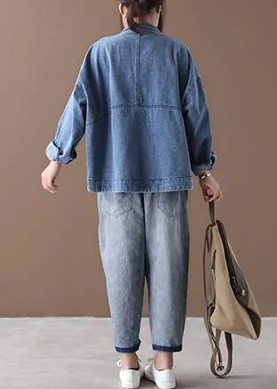 Stand Collar Fine Coats Denim Blue Coats