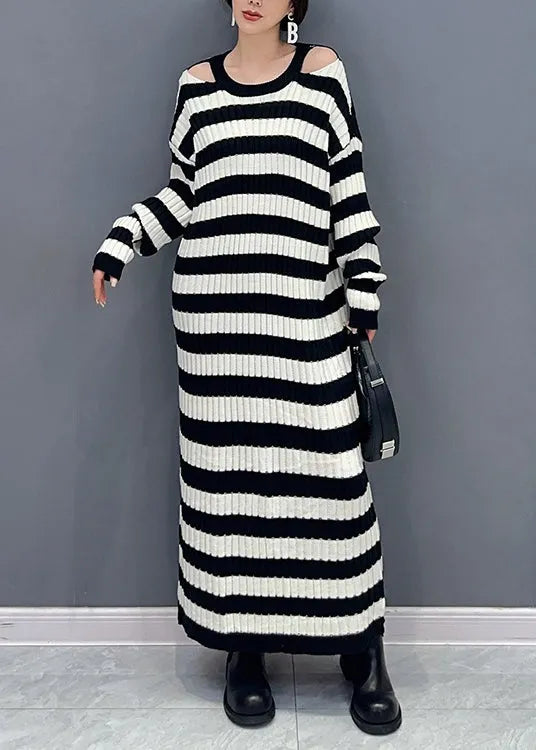 Black Striped Side Open Patchwork Knit Cardigan Fall