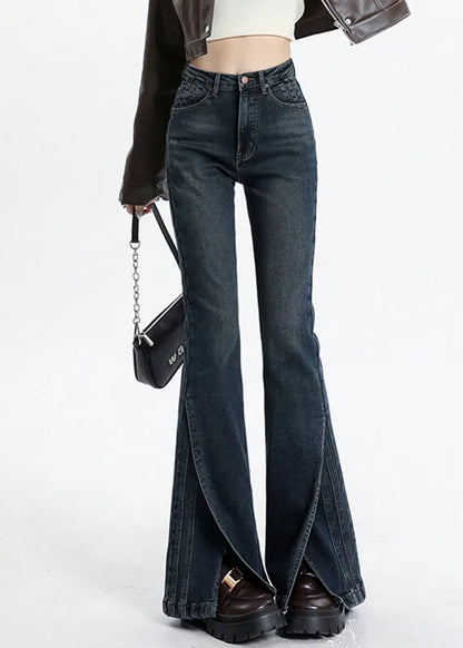 Blue Asymmetrical Pockets Patchwork High Waist Denim Flared Trousers Spring