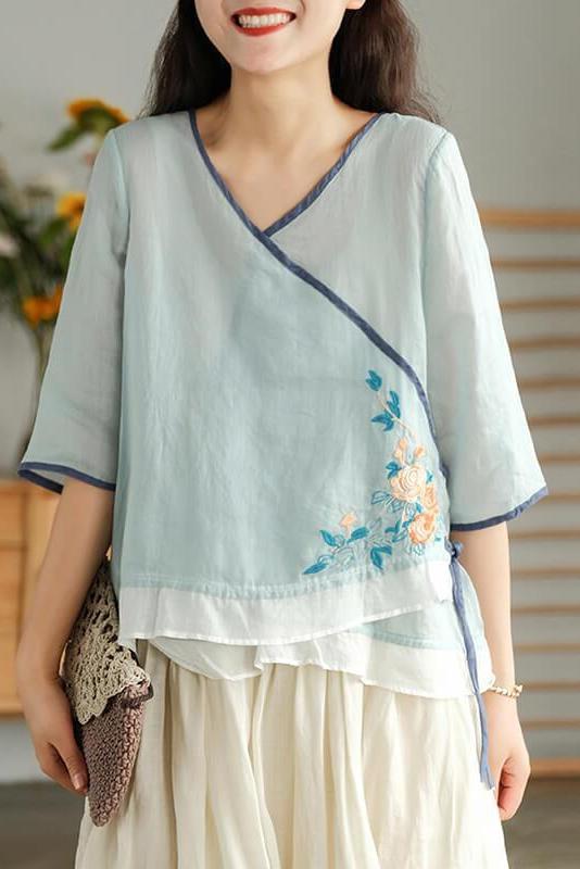 Lace-up Ramie Embroidered T-shirt