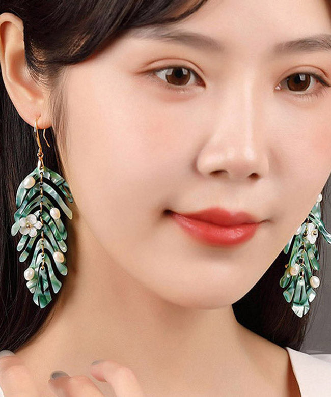 Green Copper Pearl Shell Flower Asymmetricar Leaf Drop Earrings