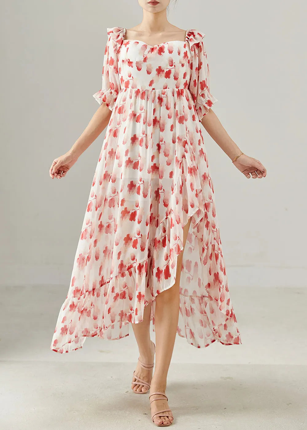 Red Print Chiffon Long Dresses Square Collar Summer