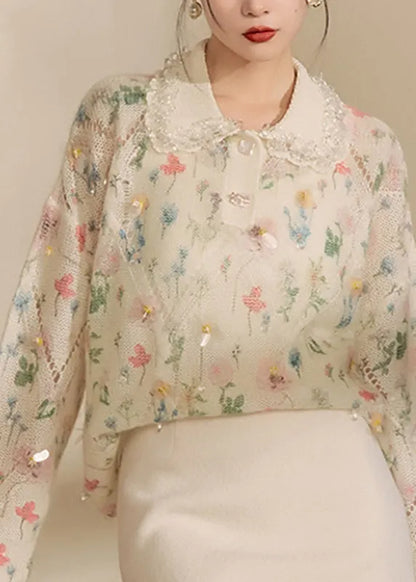 Apricot Peter Pan Collar Print Hollow Out Sequins Cotton Knit Sweaters Winter