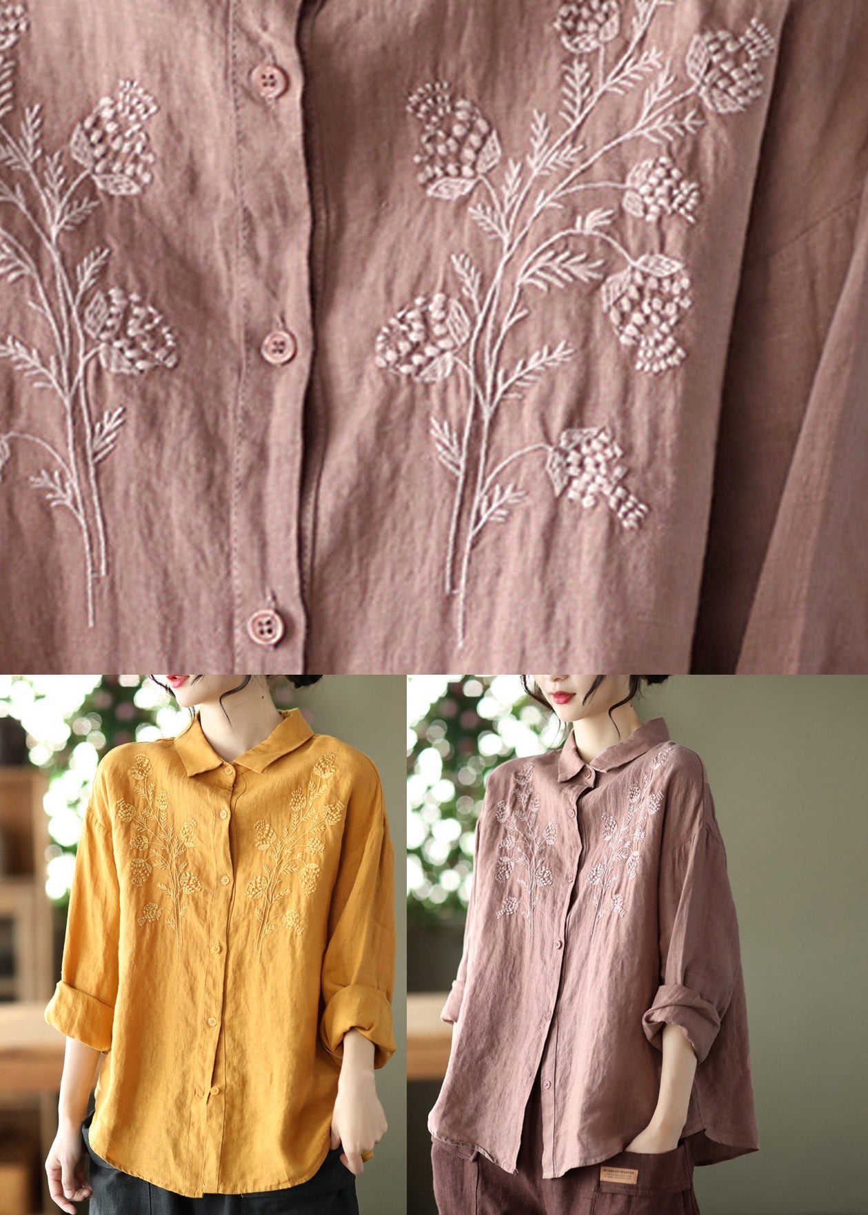 Loose Yellow Peter Pan Collar Embroidered Linen Shirts Long Sleeve