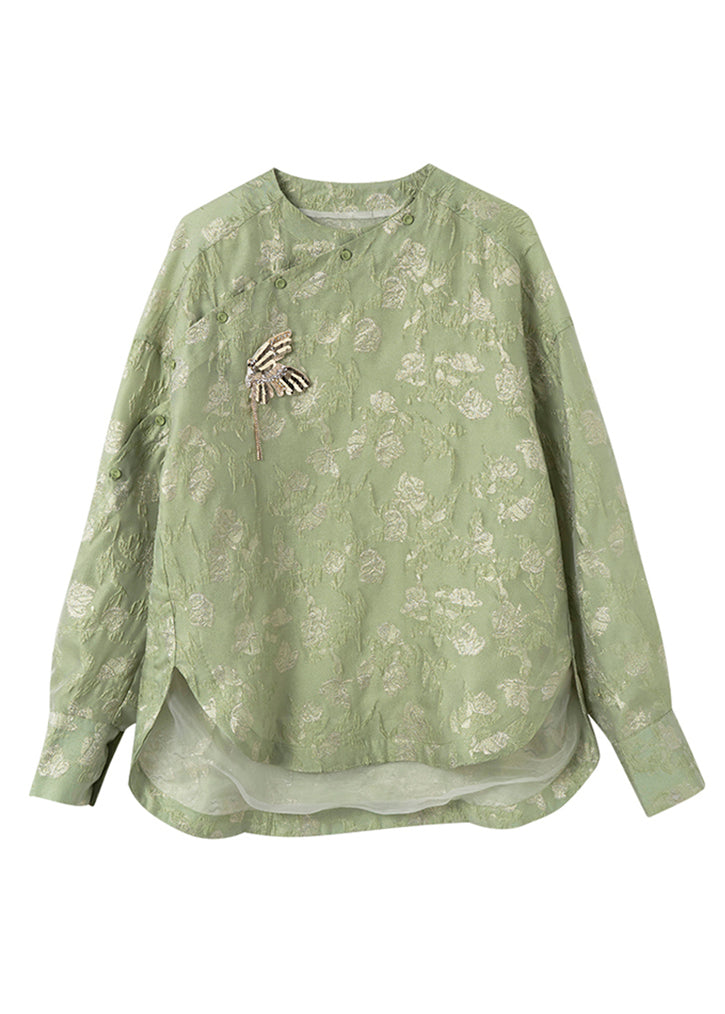 Chinese Style Green O-neck Butterfly Low High Design Chiffon Top Lanter Sleeve